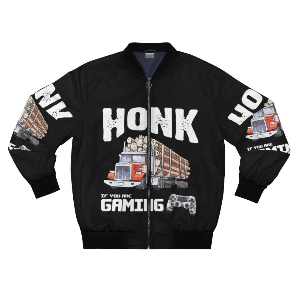 Bomber jacket with "HONK IF YOU ARE GAMING" (Trucker Gamer) design for gamers and fans of ColdOnes, MaxMoeFoe, Anything4Views