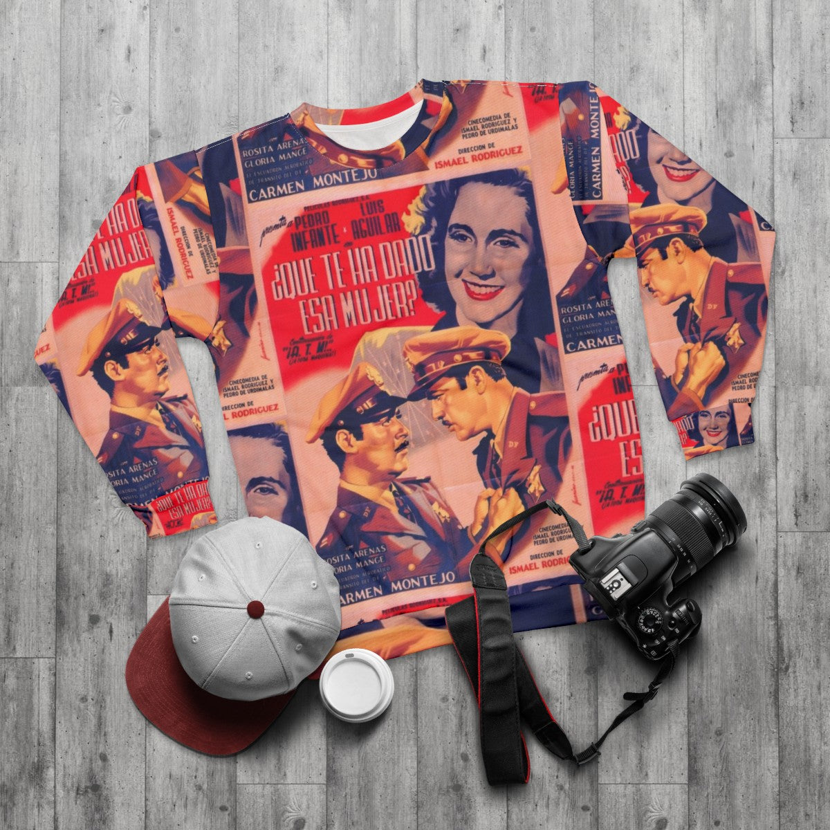 Vintage Mexican Cinema Icons Sweatshirt featuring classic Mexican movie stars - flat lay