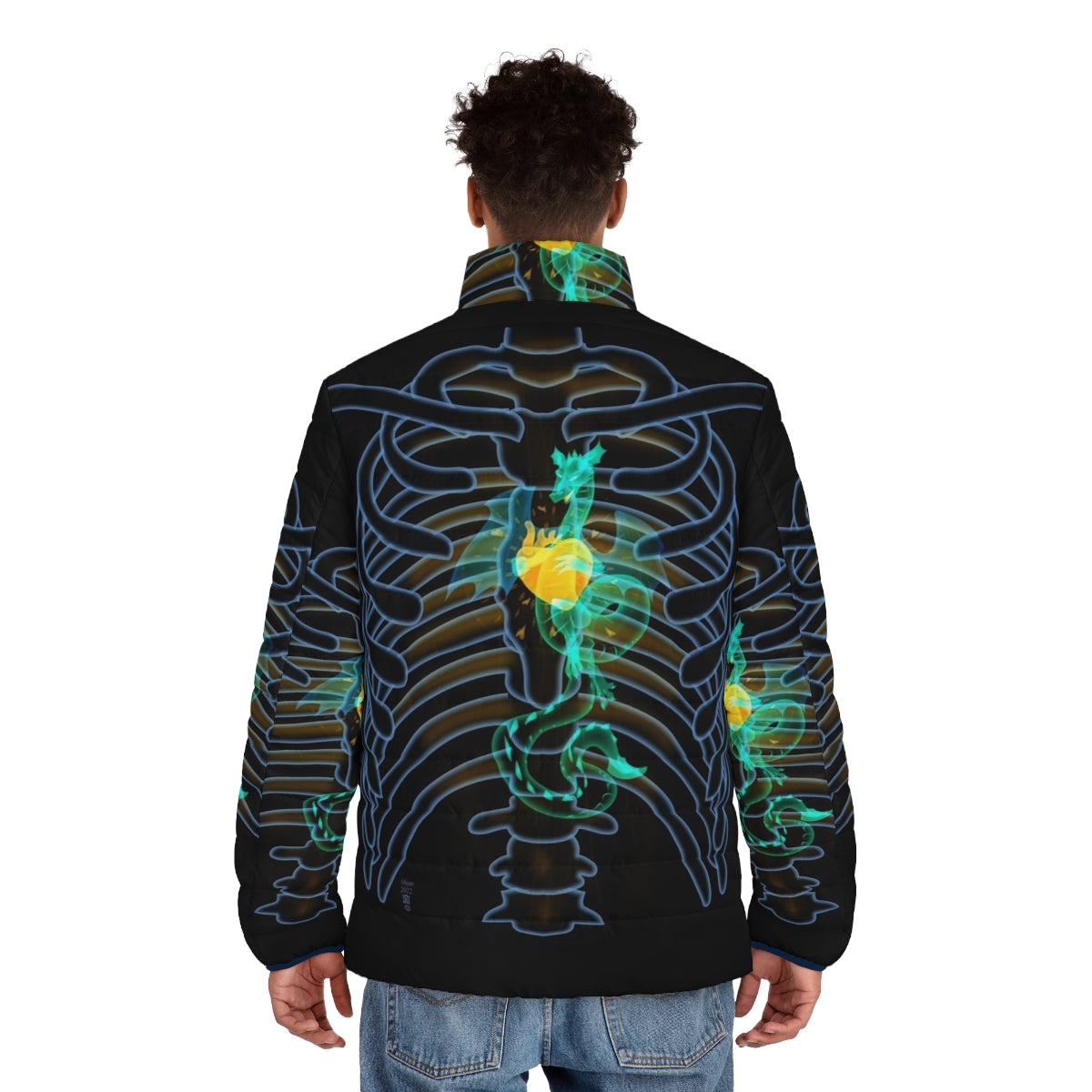 A man wearing a puffer jacket with a glowing dragon x-ray design on the chest - men back