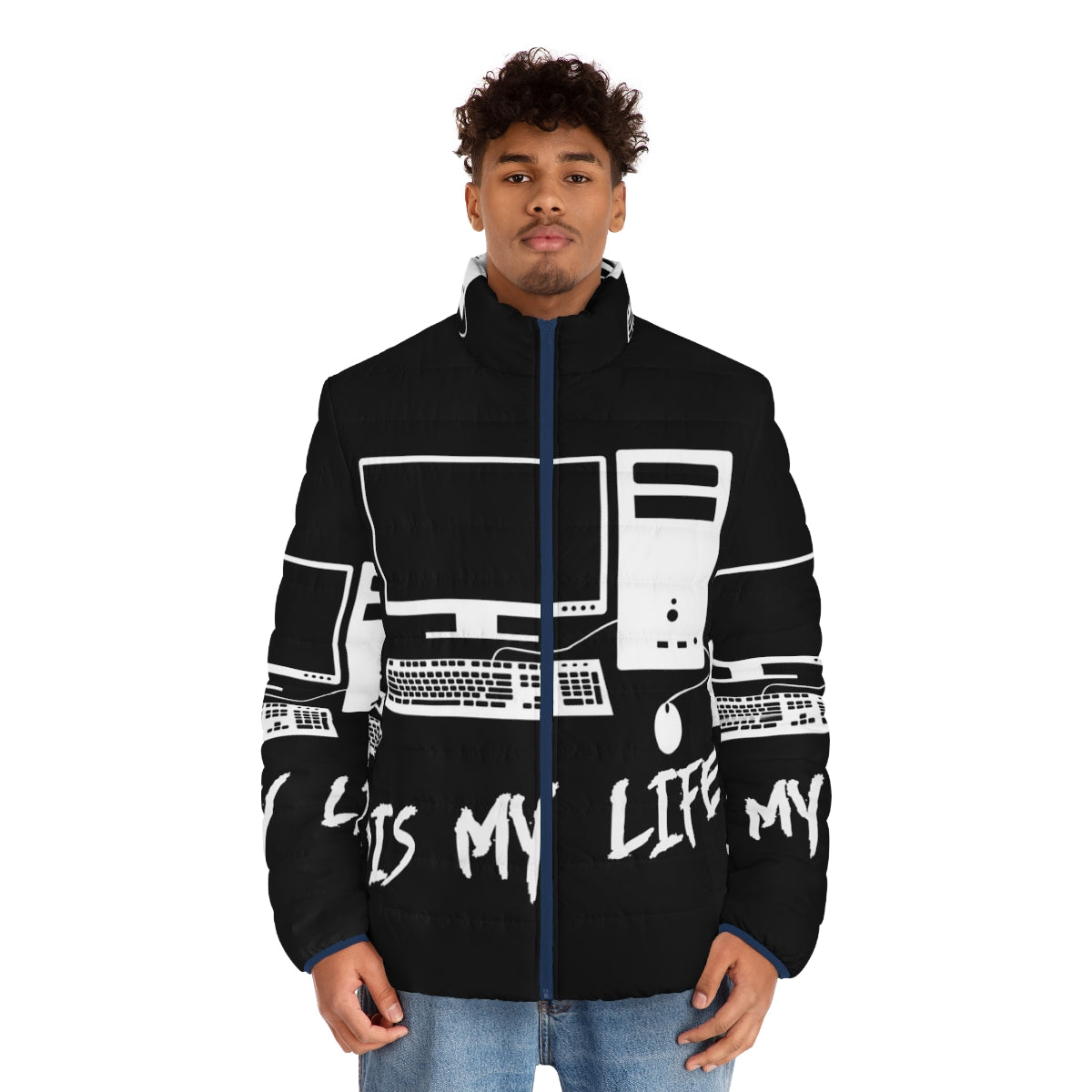 A cozy puffer jacket for computer enthusiasts, featuring a "Computer Is My Life" graphic design. - men front