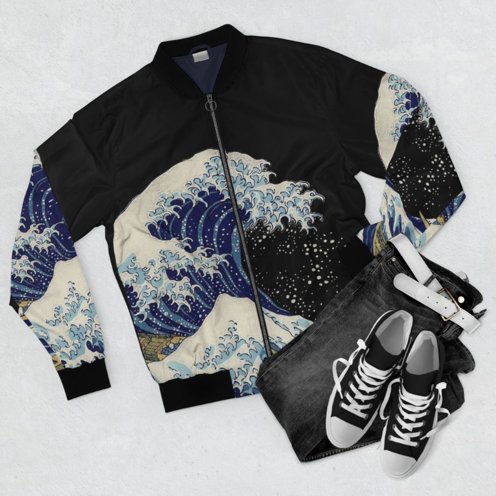 Bomber jacket featuring Hokusai's iconic "The Great Wave off Kanagawa" painting - Flat lay