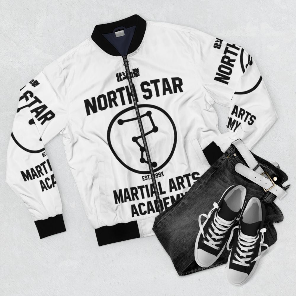 Hokuto No Ken Martial Arts Academy Bomber Jacket featuring iconic Fist of the North Star design - Flat lay