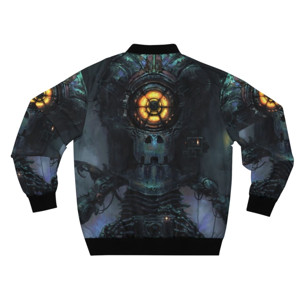 Inscryption bomber jacket featuring game art of a robot cyclops - Back