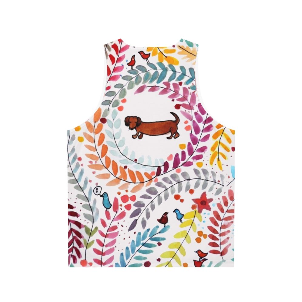 Dachshund-themed unisex tank top with colorful floral and bird pattern - Back