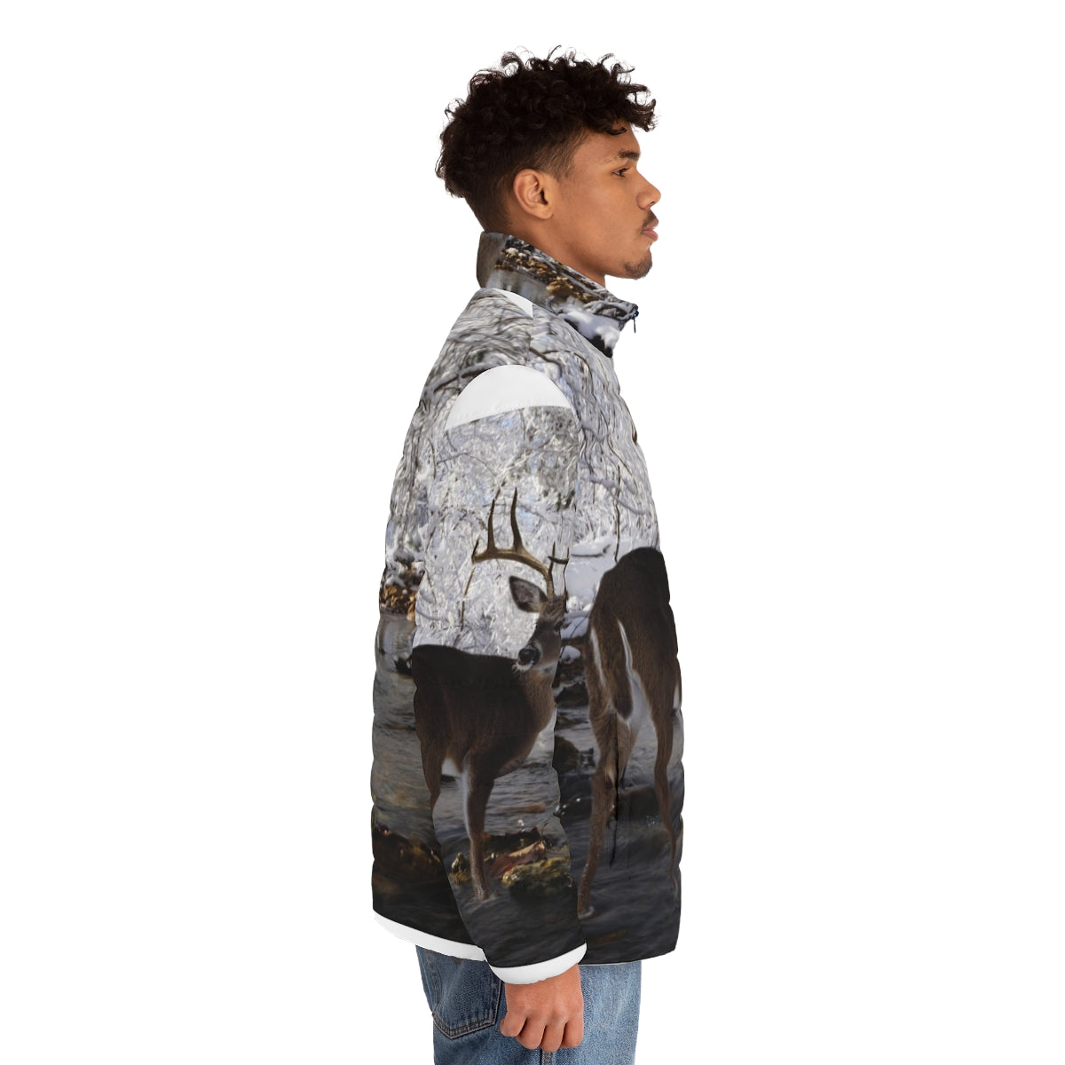 A warm and stylish puffer jacket with a whitetail deer design, perfect for cold weather outdoor activities. - men side right