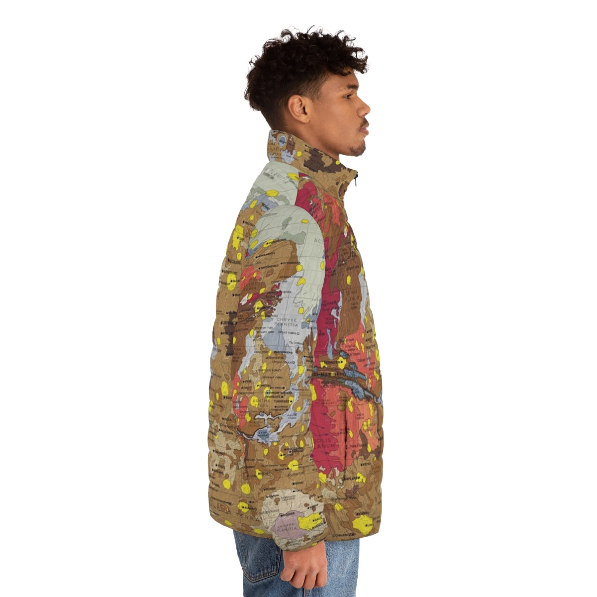 Puffer jacket featuring a detailed map of the geology and topography of the planet Mars - men side right