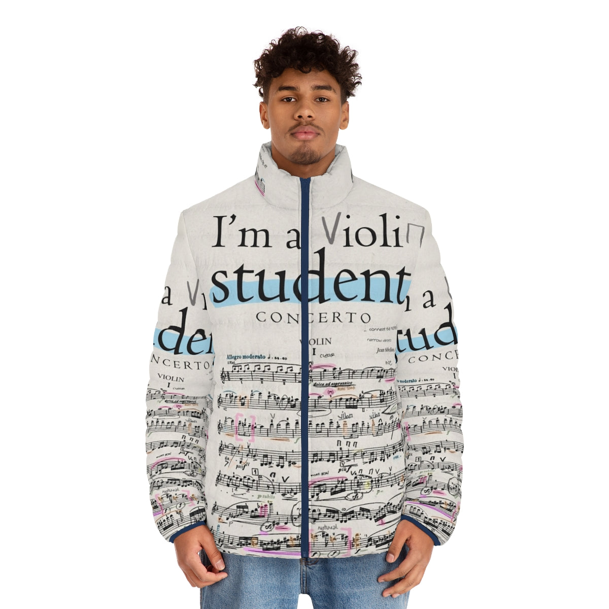 Violin student puffer jacket with musical notes and accessories - men front