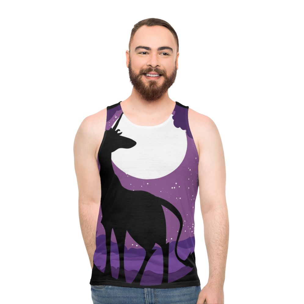 Unisex tank top with a unicorn in a moonlit forest design - men