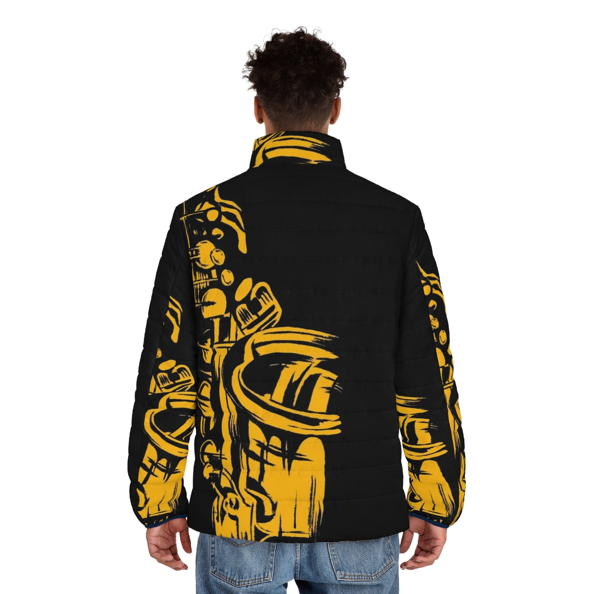 Saxophone Keywork Puffer Jacket featuring a silhouette of a saxophone player against a reflective, metallic background - men back