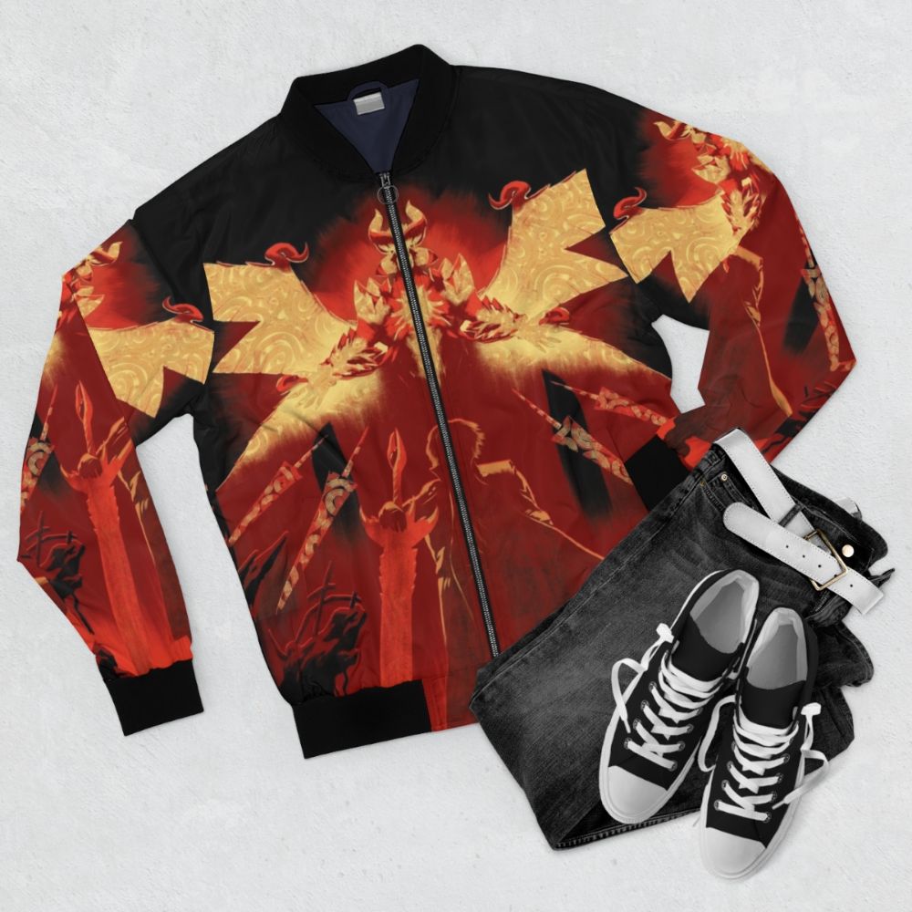 Red bomber jacket with devil may cry inspired graphic design - Flat lay