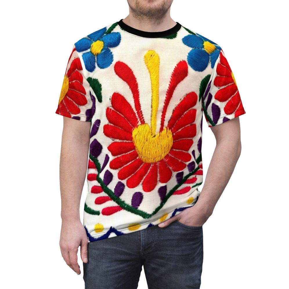 Beautifully detailed Mexican-inspired floral design on a high-quality t-shirt. - men front