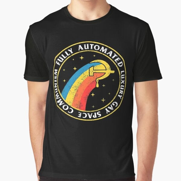 Fully Automated Luxury Gay Space Communism graphic t-shirt design featuring communist and space elements