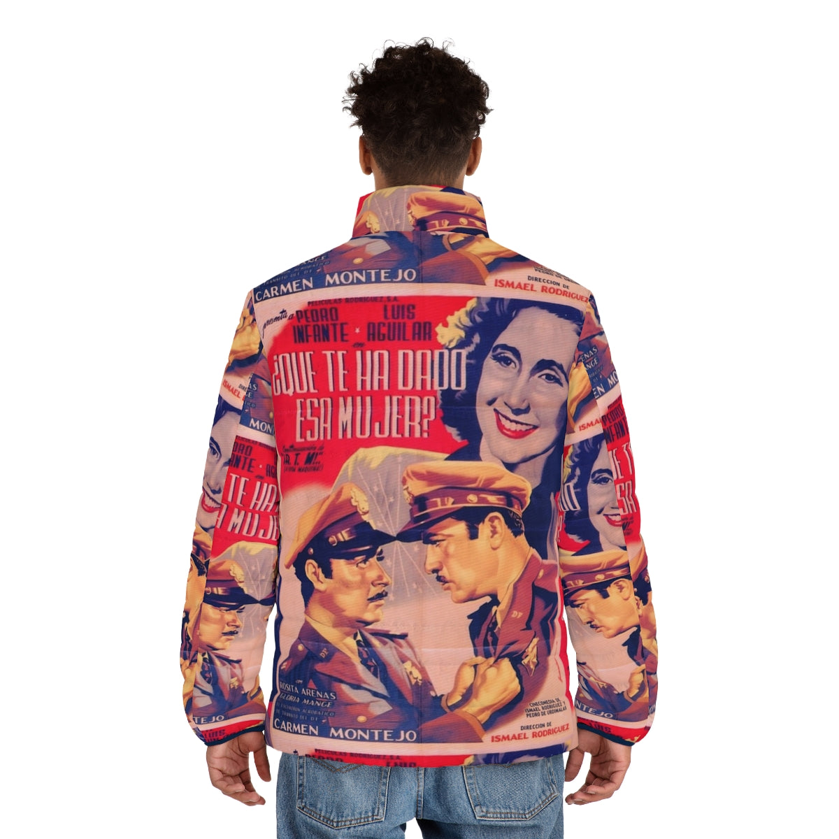 Vintage Mexican cinema icons puffer jacket featuring Pedro Infante, Pepe el Toro, and Luis Aguilar - men back