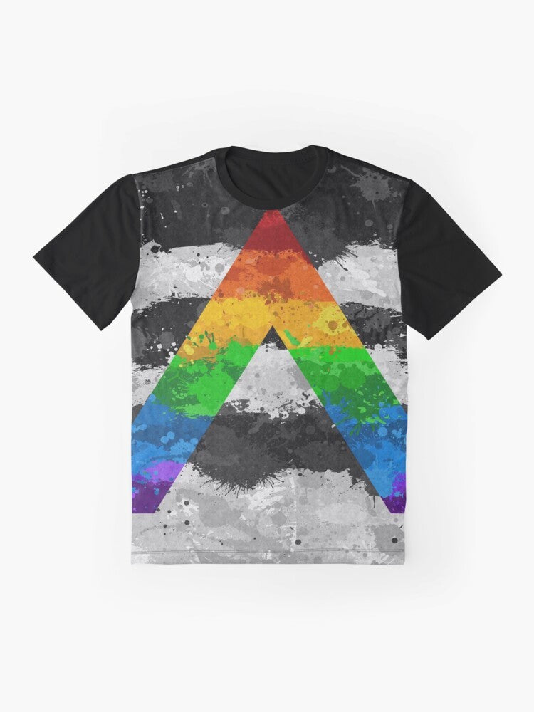 Abstract paint splatter design in the colors of the LGBT pride flag on a graphic t-shirt - Flat lay