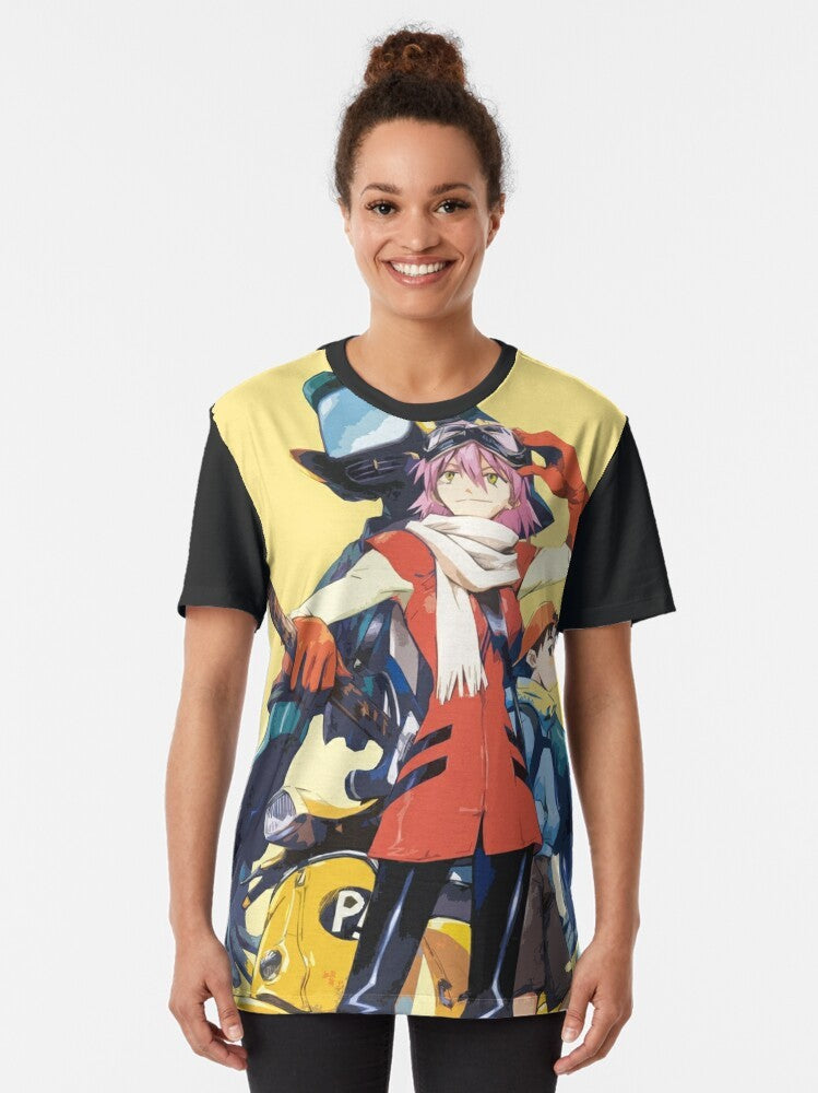 FLCL anime-inspired graphic t-shirt featuring the iconic FLCL logo and characters - Women