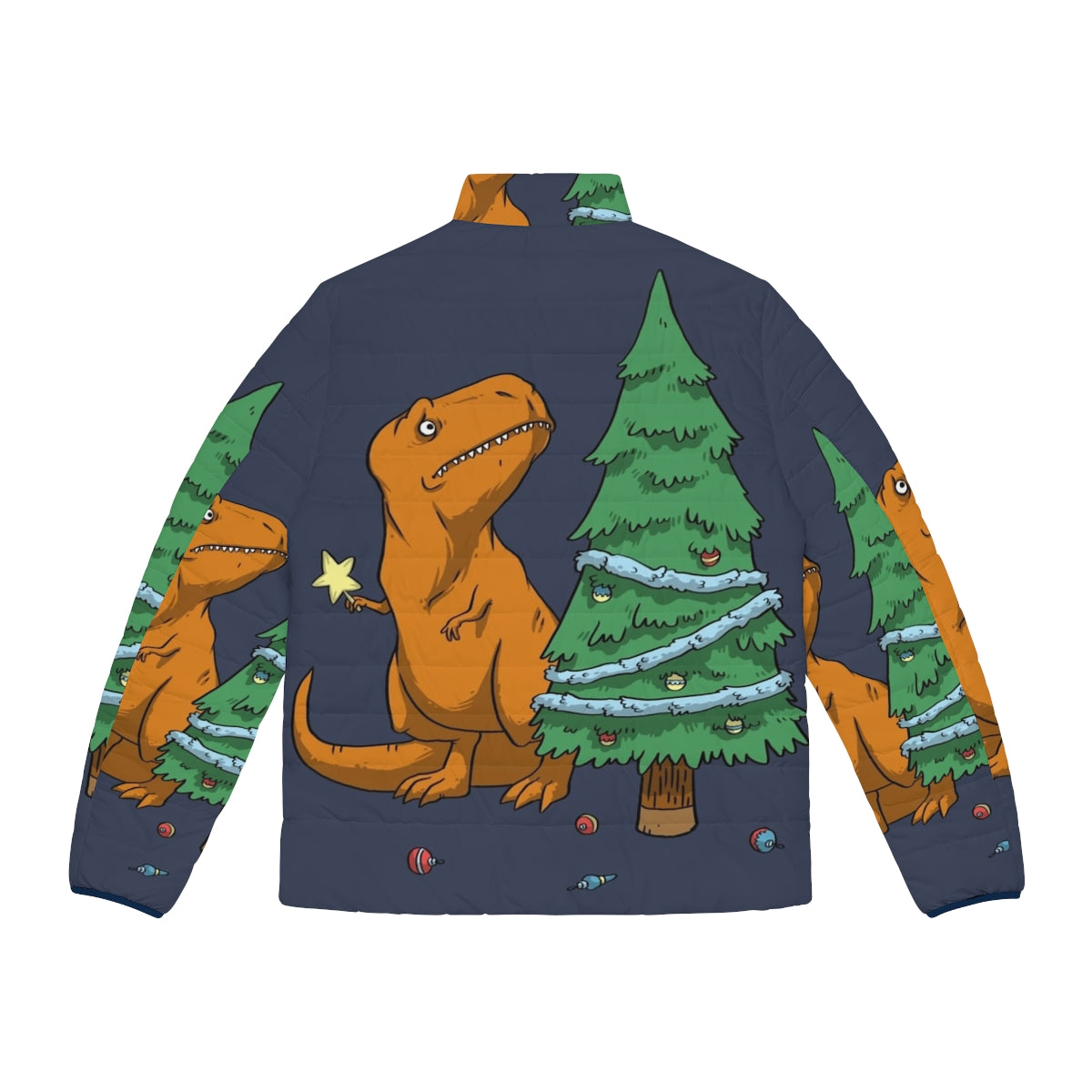 A funny puffer jacket with a t-rex design, perfect for kids during the holiday season. - Back