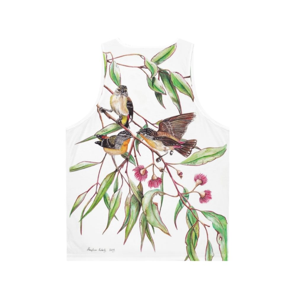 Spotted pardalotes on pink flowering gum unisex tank top - Back