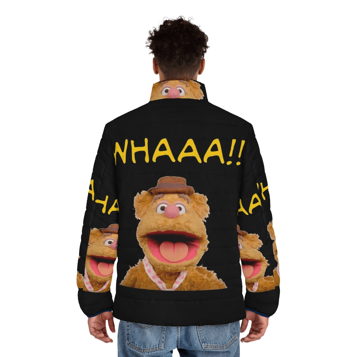 Fozzie Bear Muppets Puffer Jacket featuring a plush, fuzzy design - men back