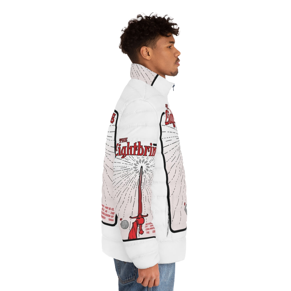 Model wearing a white puffer jacket with a warm, lightweight design - men side right