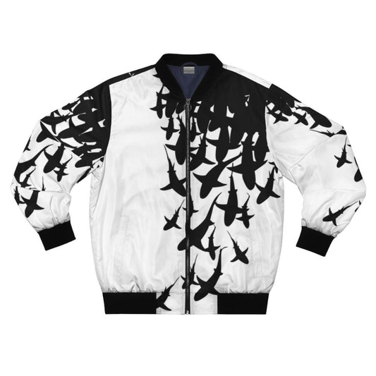 Shark-themed bomber jacket featuring various shark species in a vibrant, nature-inspired design