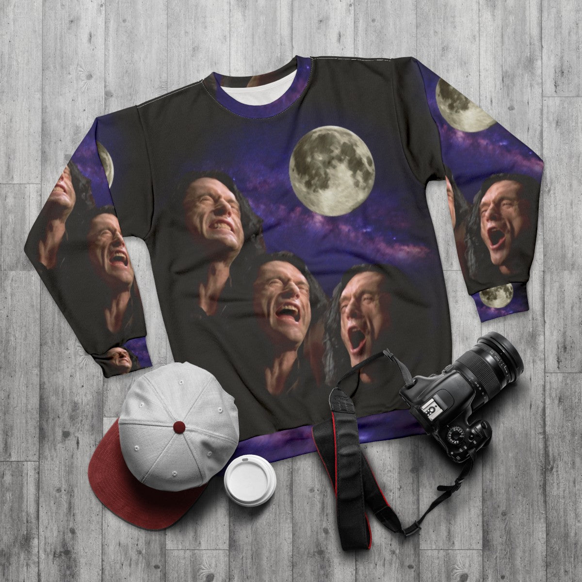 Three Wiseau Moon Sweatshirt with Tommy Wiseau, The Room, and Disaster Artist Meme Design - flat lay