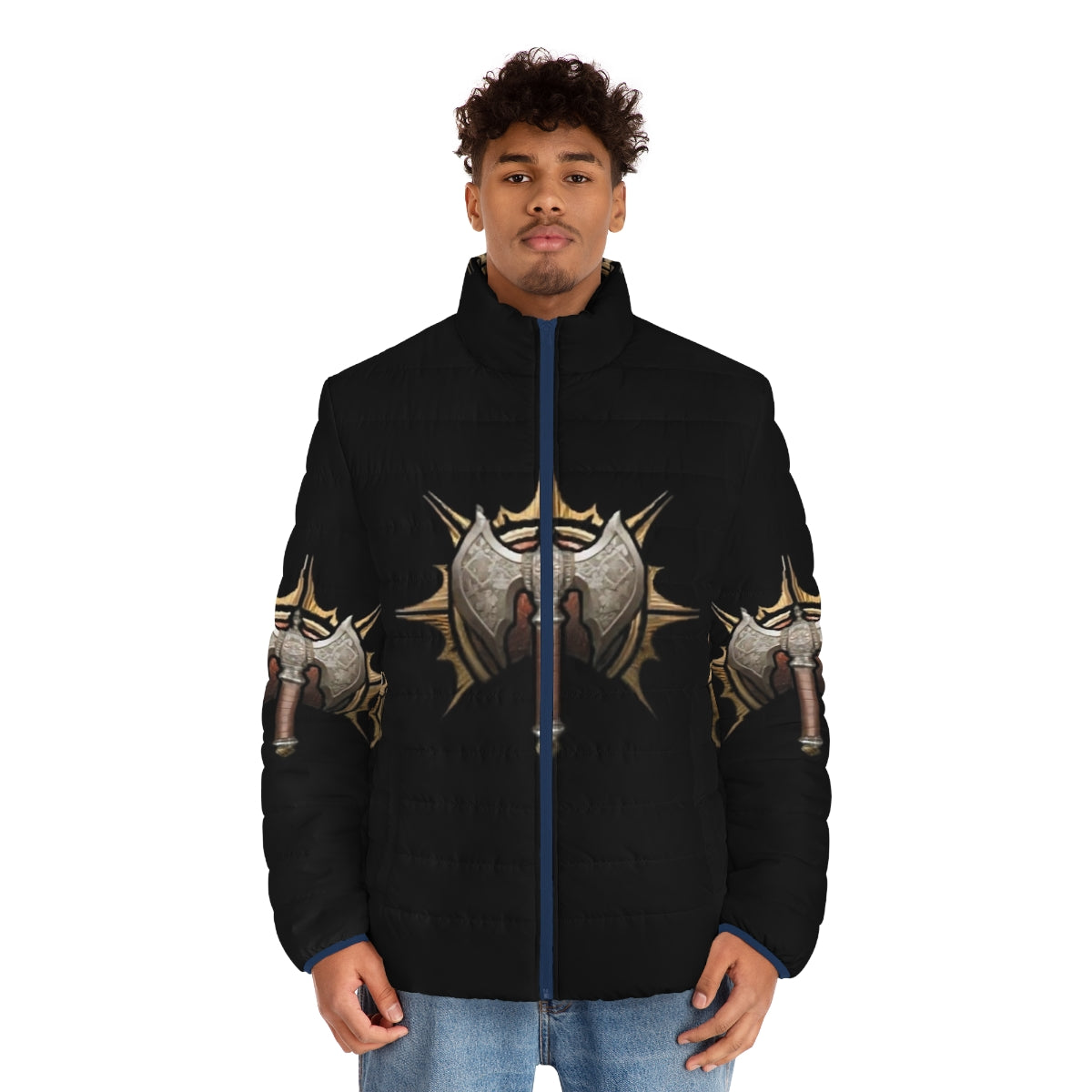 Baldur's Gate Barbarian Logo Puffer Jacket featuring a stylish design for RPG and gaming enthusiasts - men front