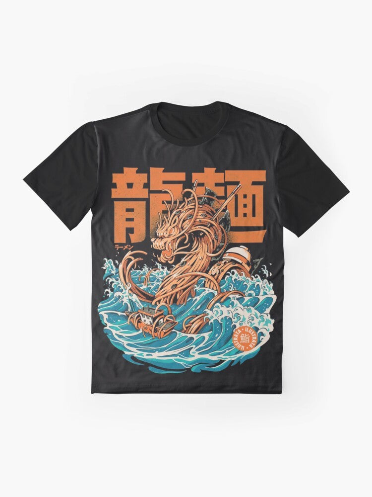 Anime-inspired graphic t-shirt featuring a ramen dragon from the famous Kanagawa wave artwork - Flat lay