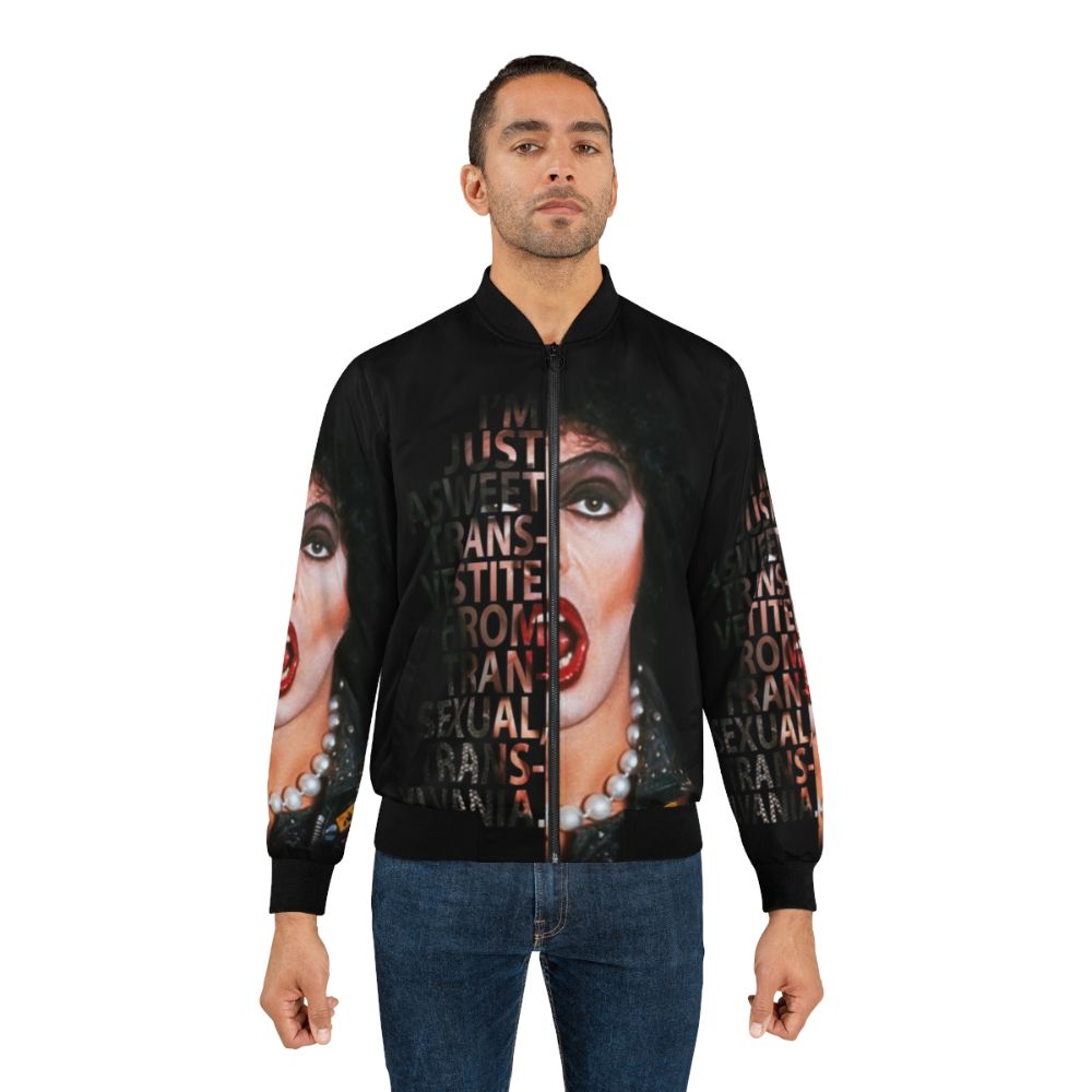 A stylish bomber jacket featuring the iconic Frank N Furter character from the Rocky Horror Picture Show. - Lifestyle