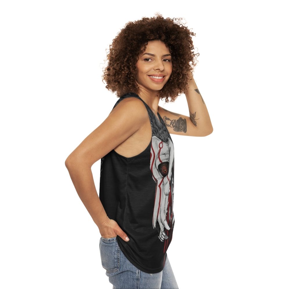 Black unisex tank top with horror graphic design - women side