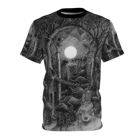 Enchanting full moon forest t-shirt with nature-inspired artwork