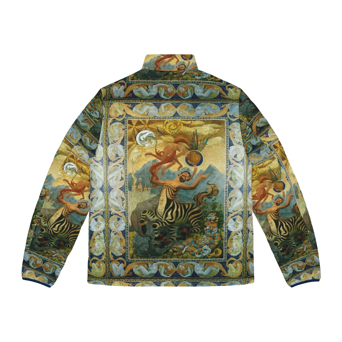 Oliver Grimley's fantasy art puffer jacket featuring vibrant and epic imagery - Back