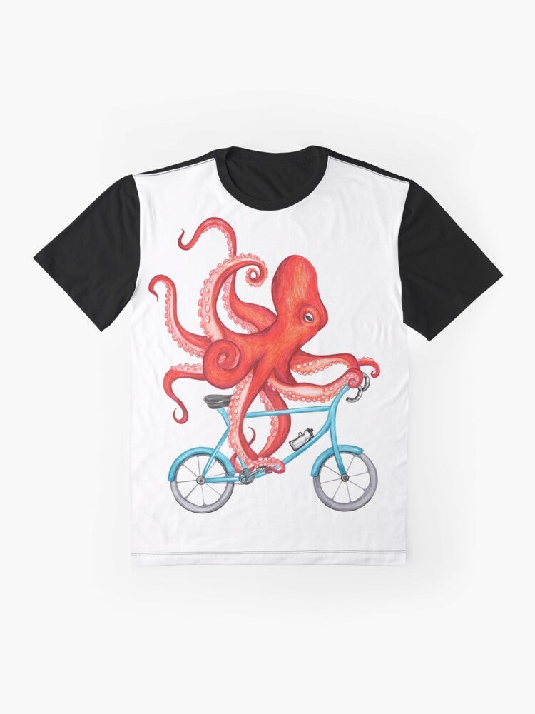 Illustration of a cycling octopus on a graphic t-shirt for cyclists - Flat lay