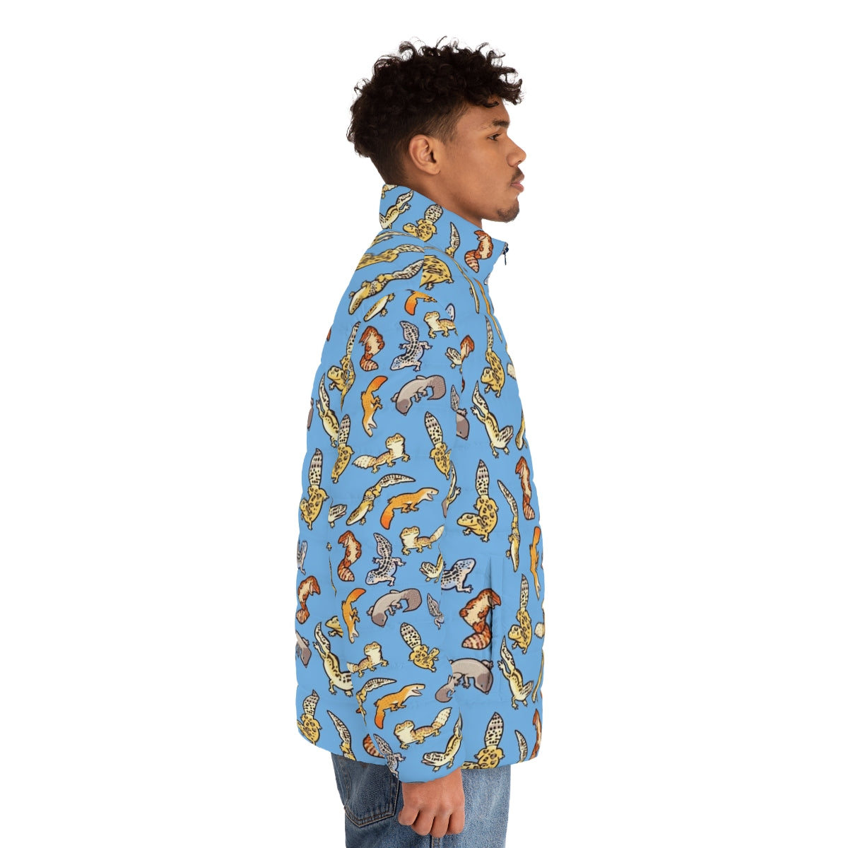 Chub gecko wearing a blue puffer jacket with a vibrant pattern - men side right