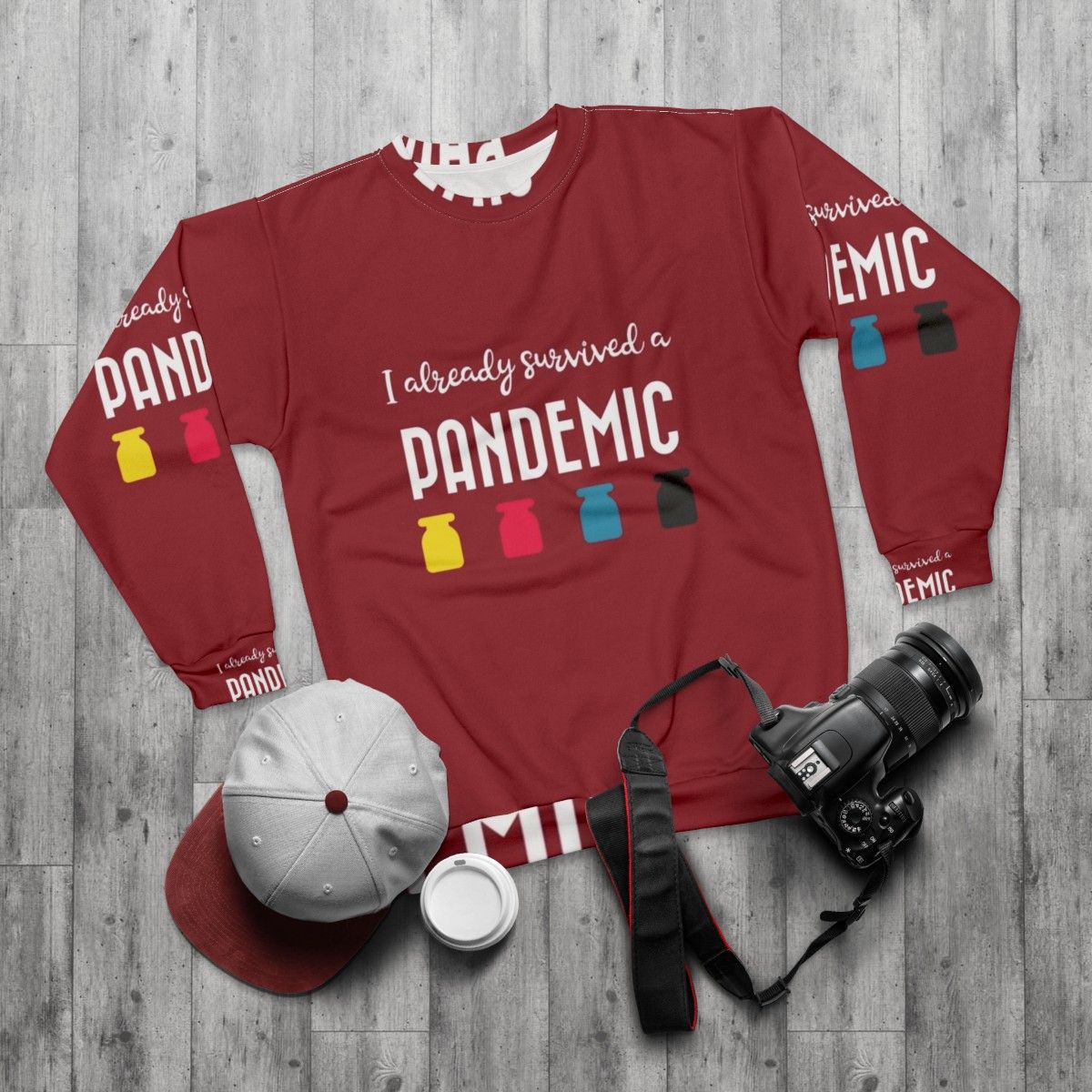 Survived a Pandemic Sweatshirt with Gaming-Inspired Graphics - flat lay