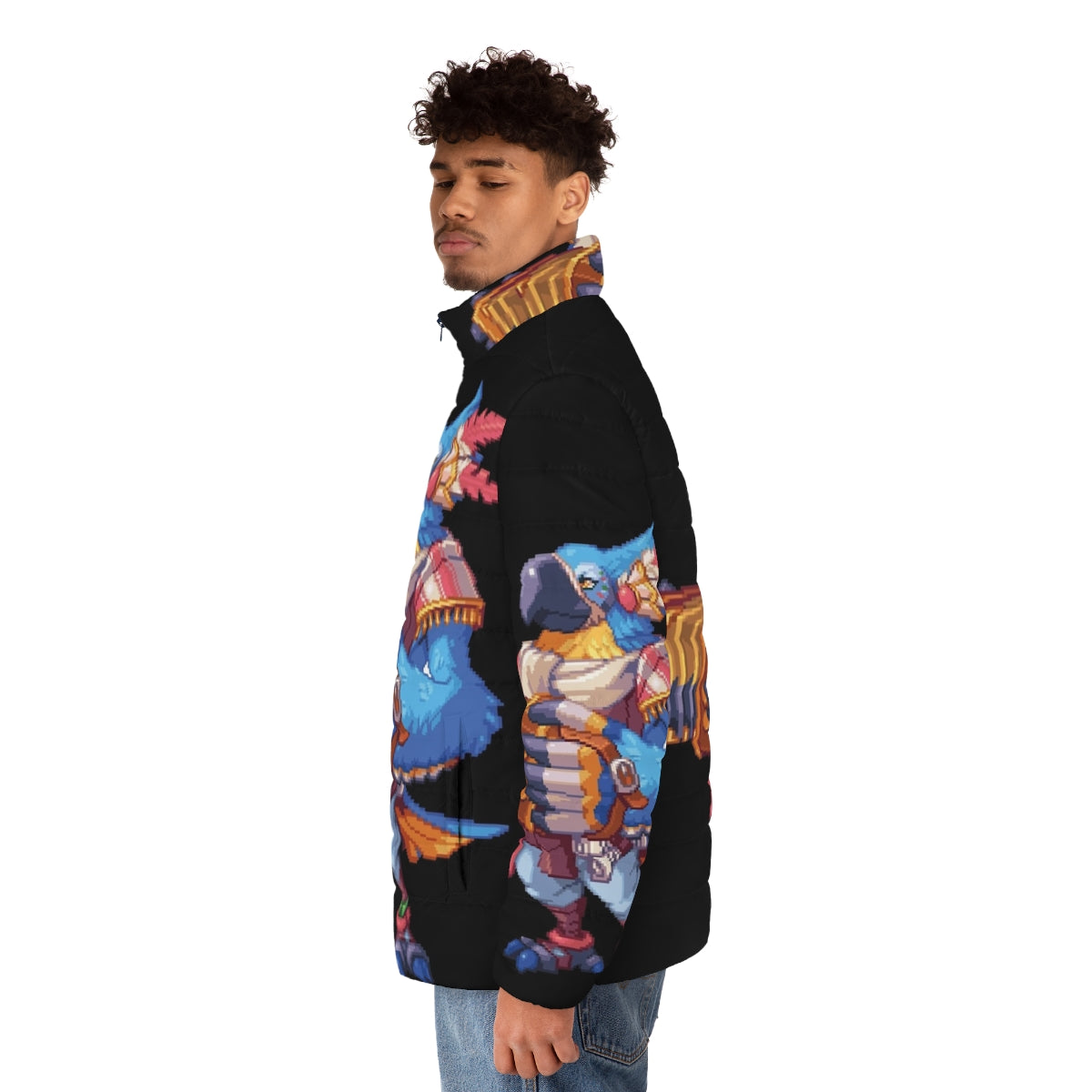 Pixel Kass puffer jacket featuring a blue bird design inspired by the popular video game character - men side left