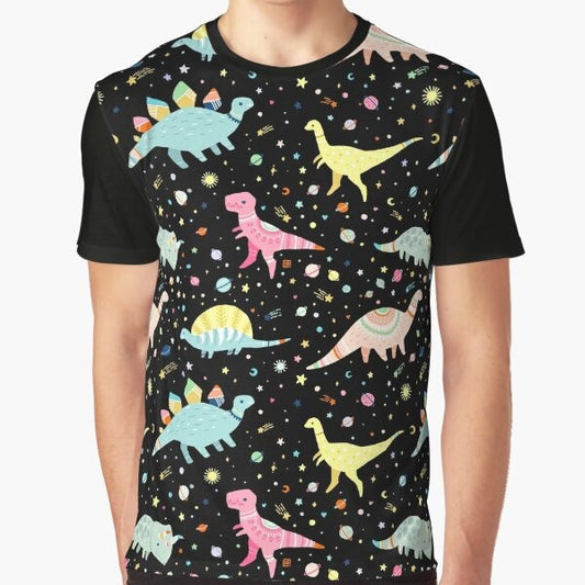 Colorful graphic t-shirt featuring a pattern of various dinosaurs like T-Rex, Apatosaurus, and Triceratops in a pastel, kawaii style.