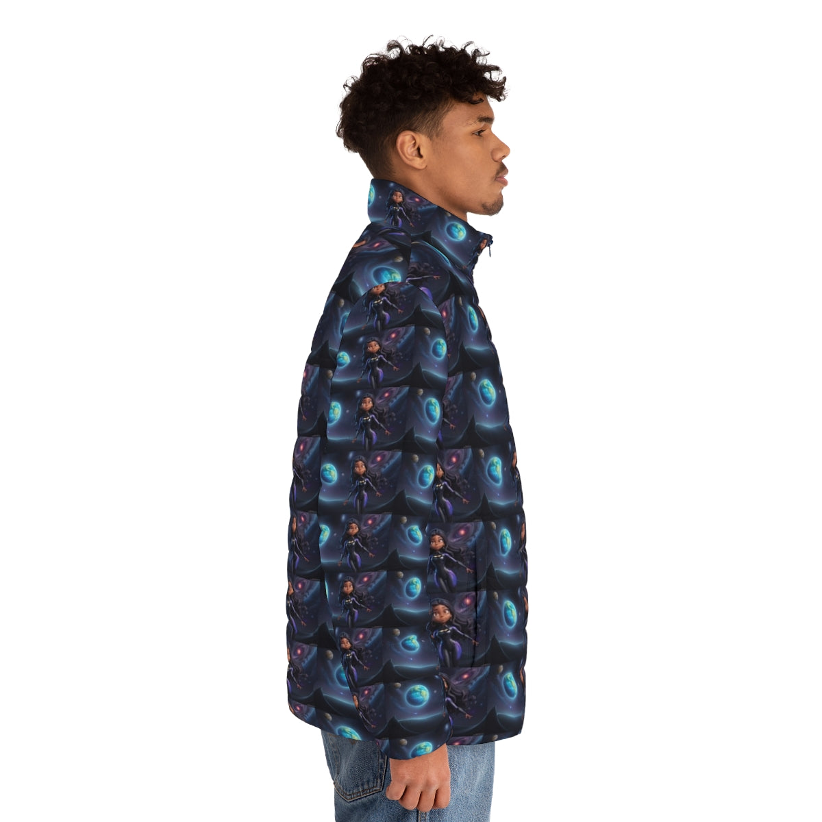 Colorful puffer jacket with space superhero design for adventurous kids - men side right