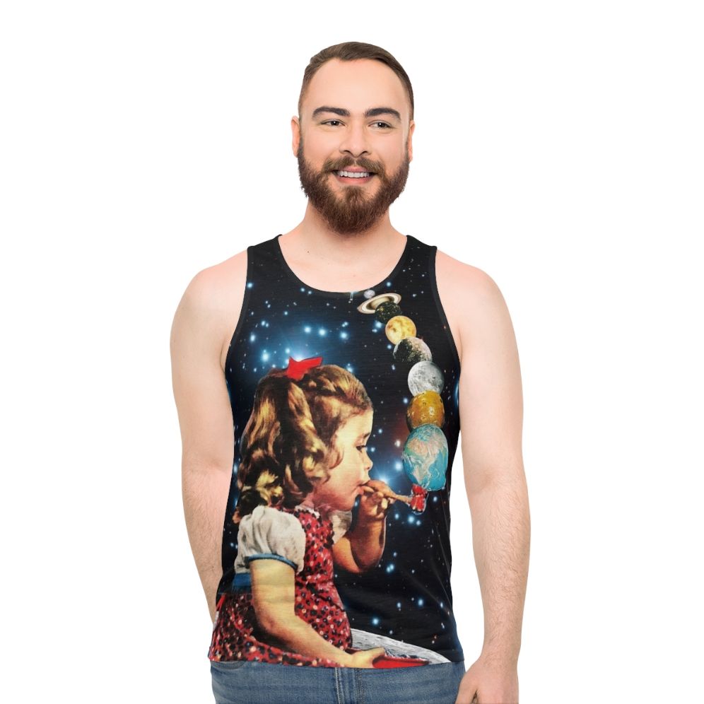 Psychedelic unisex tank top with surreal, vintage-inspired design - men