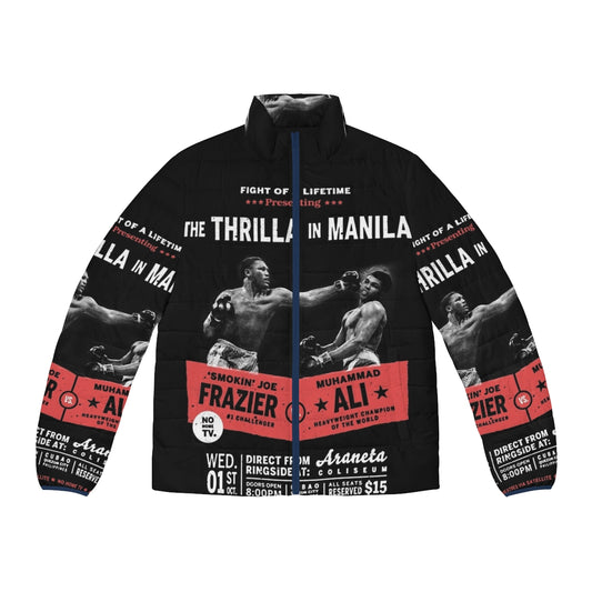 Ali vs Frazier 'Thrilla in Manila' puffer jacket featuring iconic boxing imagery