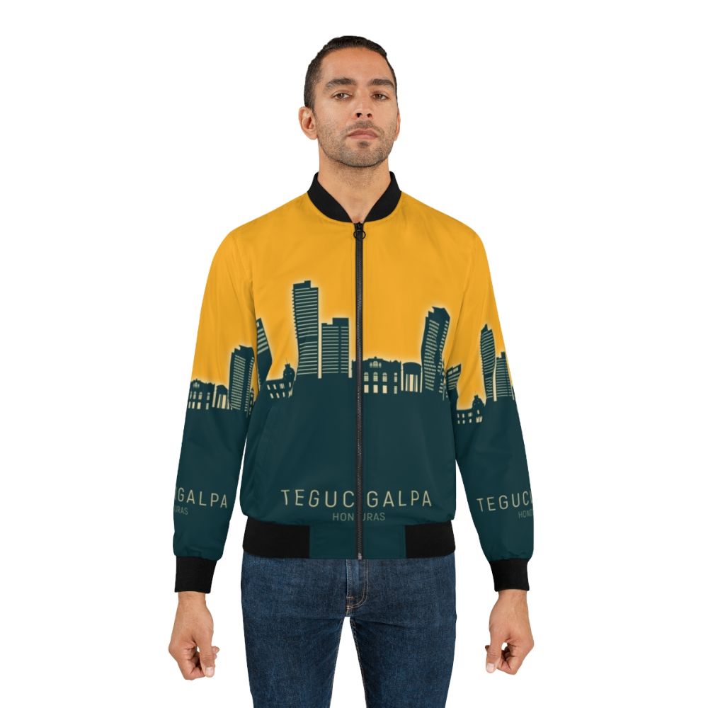 Tegucigalpa Honduras Skyline Bomber Jacket with Neon, Teal, and Orange Cityscape Design - Lifestyle