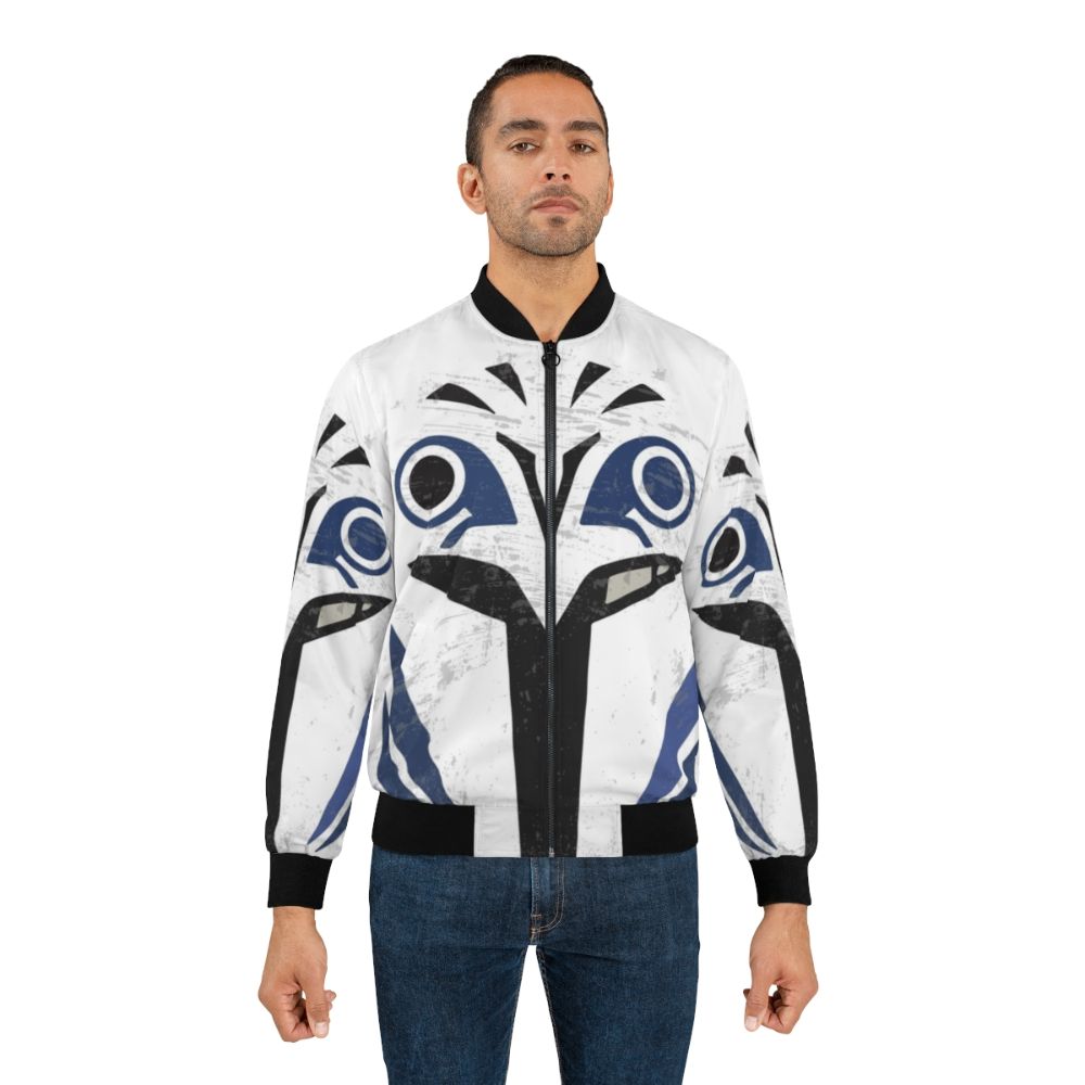 Bo Katan Mandalorian Symbol Bomber Jacket featuring the iconic Mandalorian logo from the Star Wars universe - Lifestyle