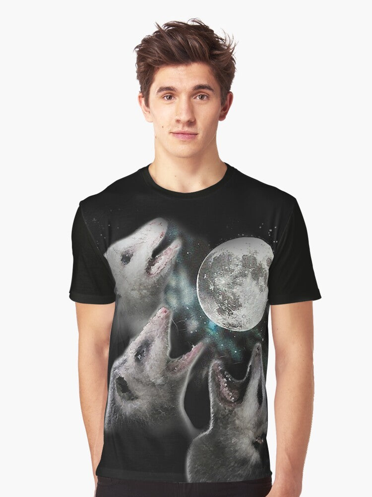 Illustration of a possum howling at the moon on a space-themed graphic t-shirt - Men