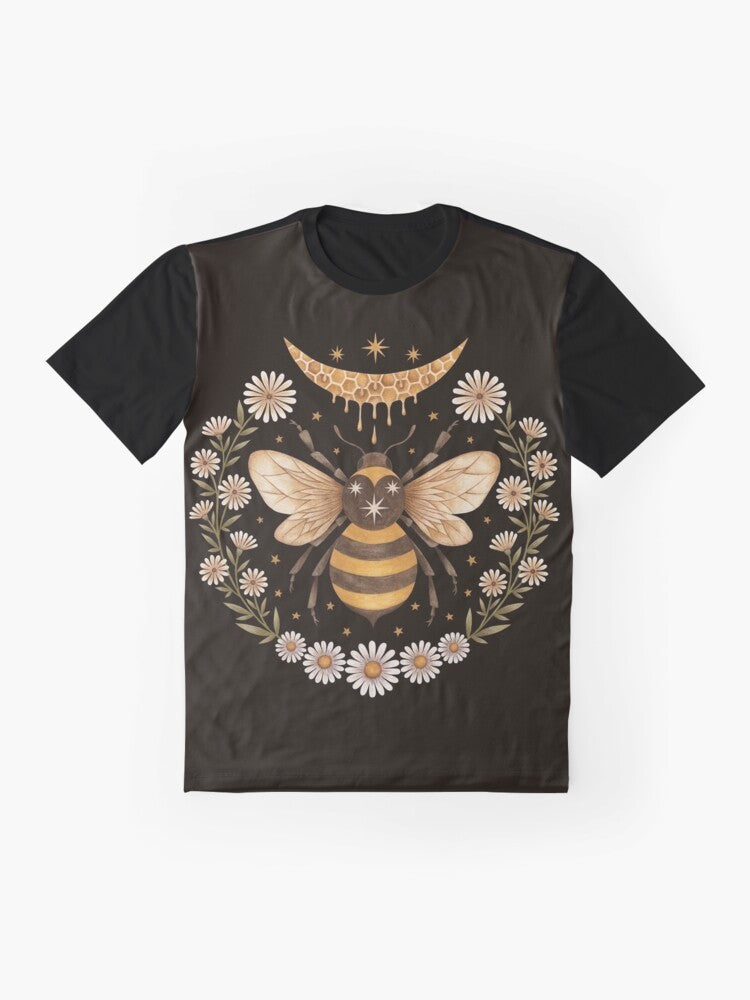 Honey Moon Graphic T-Shirt featuring a bee, honeycomb, and crescent moon design for beekeepers and nature lovers - Flat lay