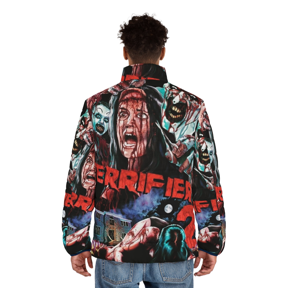 Terrifier 2 Art the Clown Puffer Jacket featuring the iconic horror movie character - men back