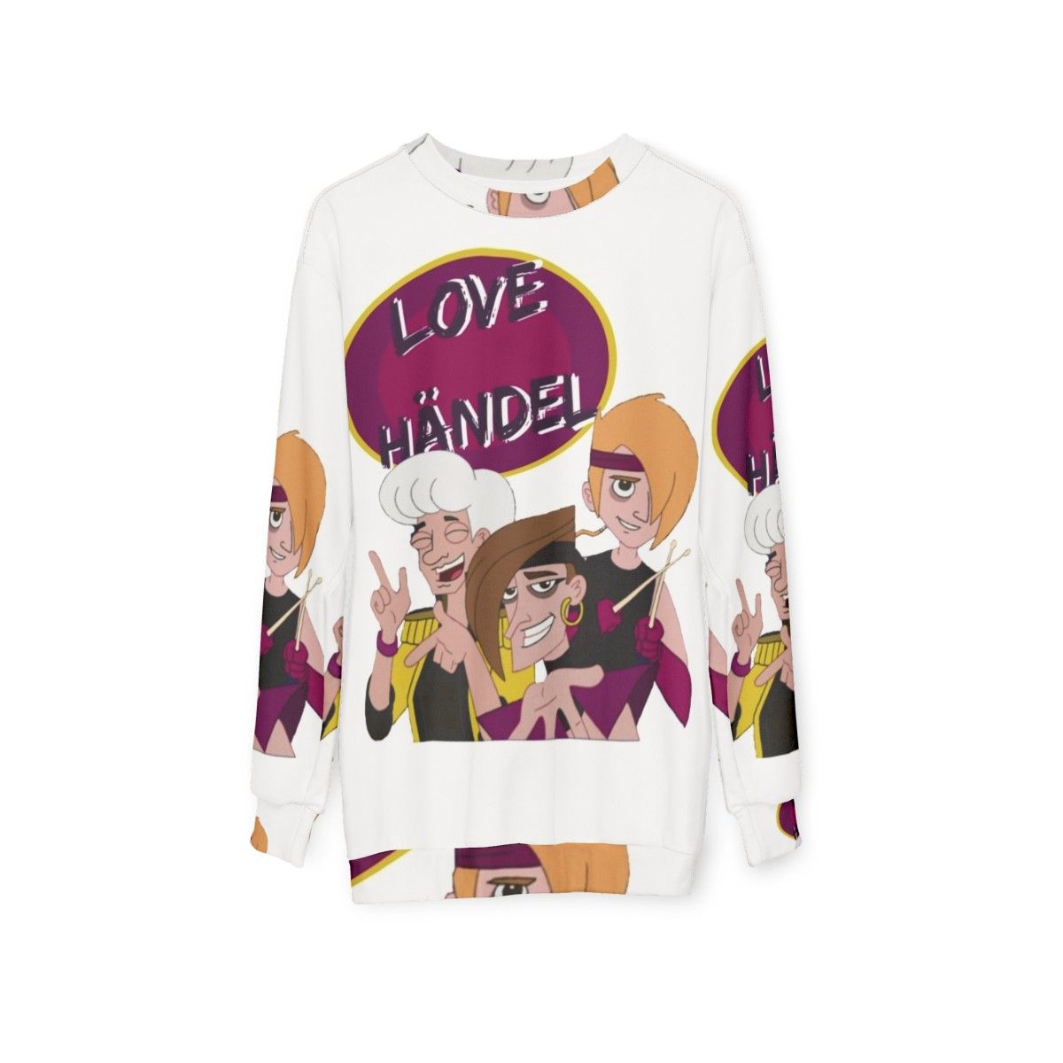 Love Handel Phineas and Ferb 80s Band Cartoon Sweatshirt - hanging