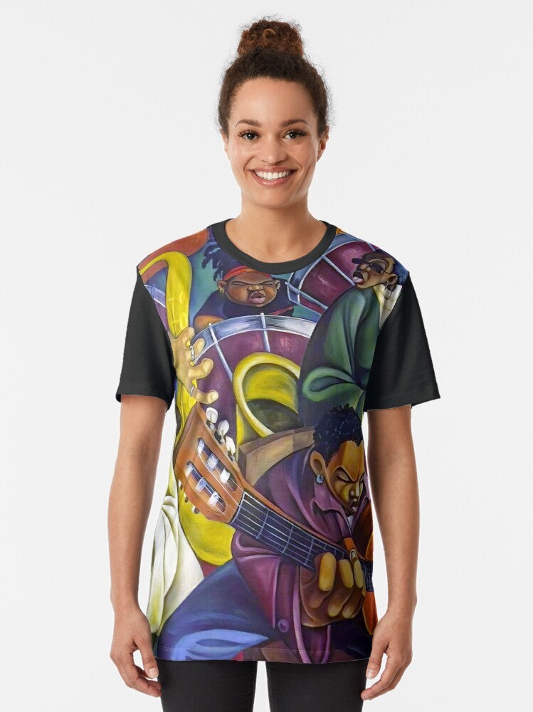 Colorful graphic t-shirt featuring a "Rainbow Children" design, perfect for music fans and artists. - Women