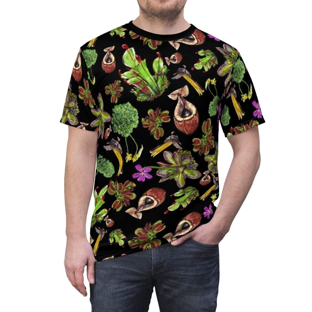 Alluring carnivorous plants printed on a black t-shirt, featuring a nature-inspired pattern. - men front