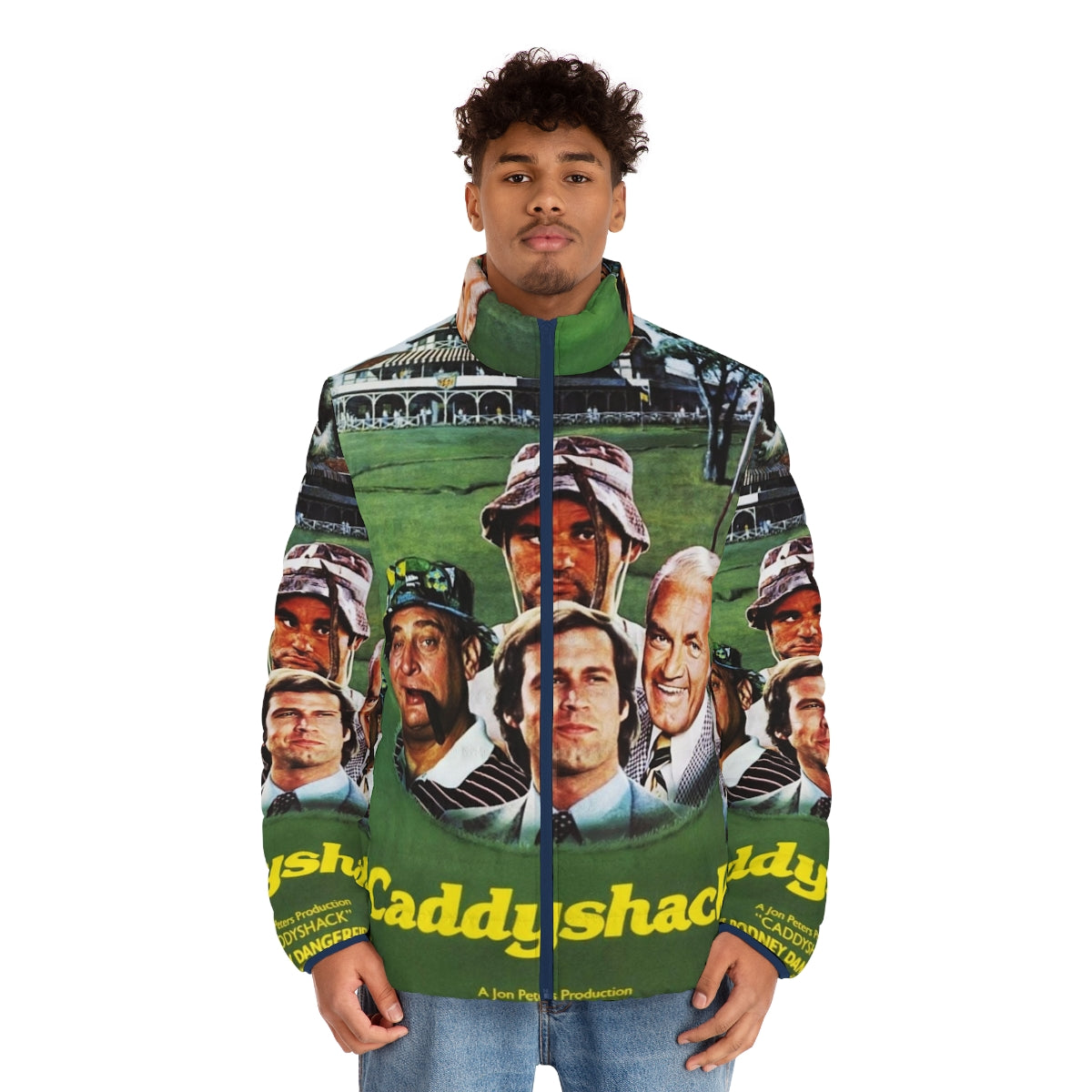 Caddyshack-inspired puffer jacket with "Some People Just Don't Belong" text - men front