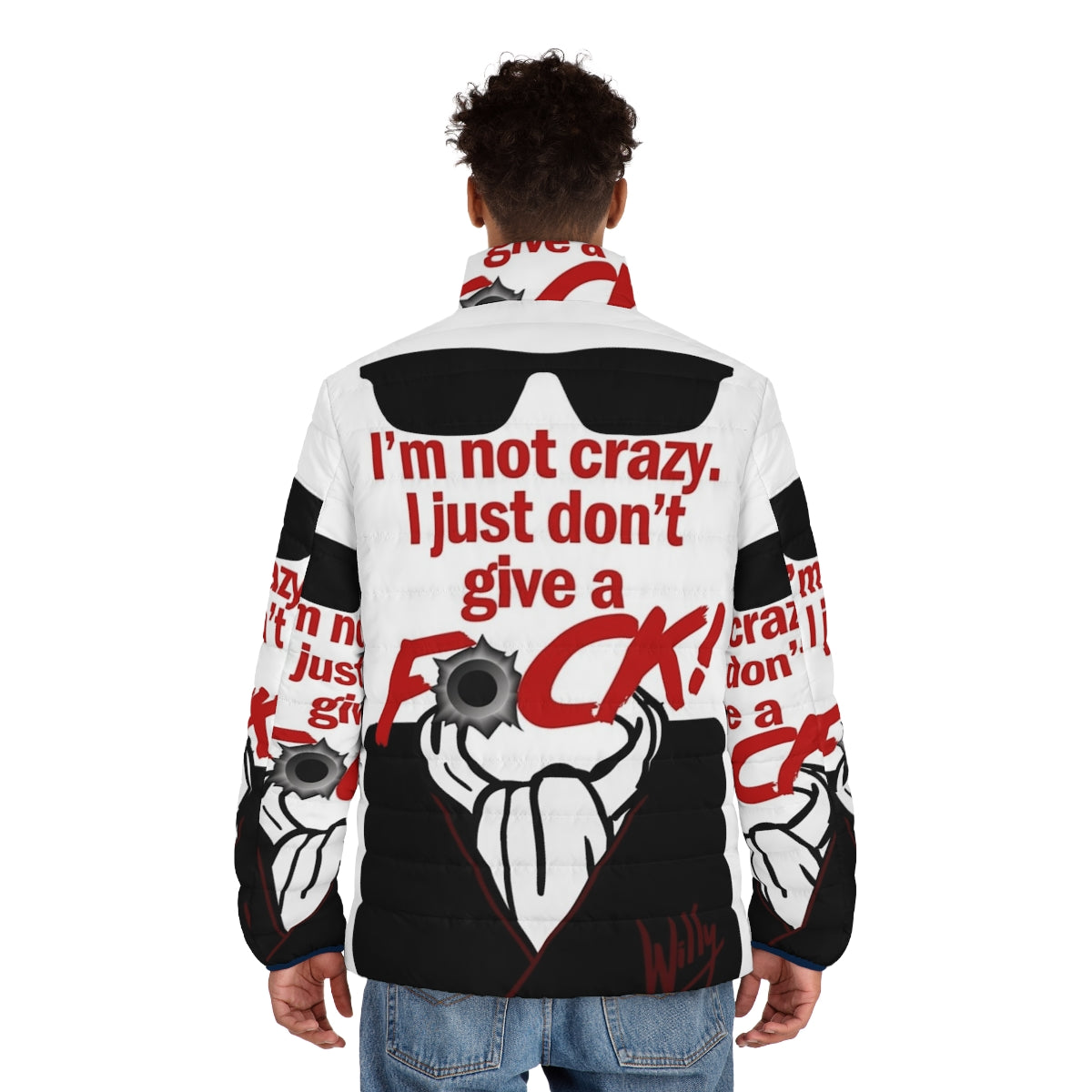 "I'm Not Crazy" Retro 80s Puffer Jacket with Night of the Comet Inspired Design - men back