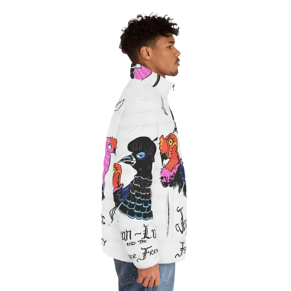 A stylish puffer jacket featuring a bird and feather design - men side right